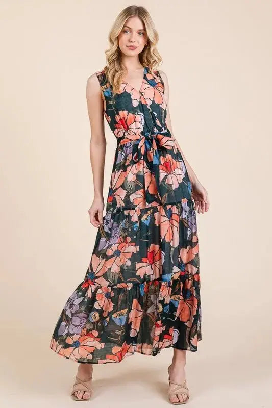 Lime 'N' Chili Floral Print Sleeveless Tie Waist Maxi Dress - Love Salve